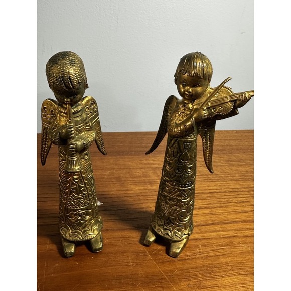 Other - Vintage 4" Mid-Century Gold Angel Musicians Set Flute Violin Made in Italy 1960s